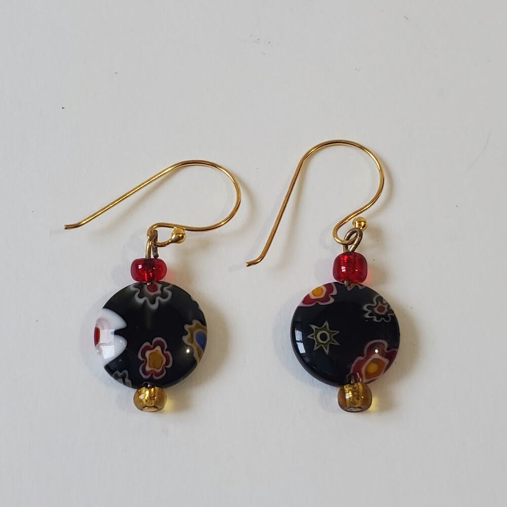 Millefiori Art Glass Bead Gold Tone Earrings